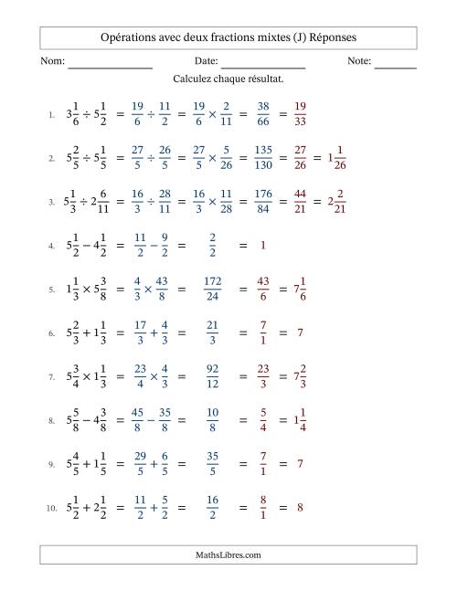 Opérations avec deux fractions mixtes avec dénominateurs égals, résultats sous fractions mixtes et simplification dans tous les problèmes (J) page 2