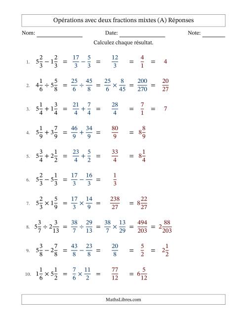 Opérations avec deux fractions mixtes avec dénominateurs égals, résultats sous fractions mixtes et quelque simplification (A) page 2