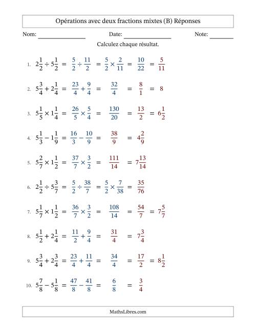 Opérations avec deux fractions mixtes avec dénominateurs égals, résultats sous fractions mixtes et quelque simplification (B) page 2