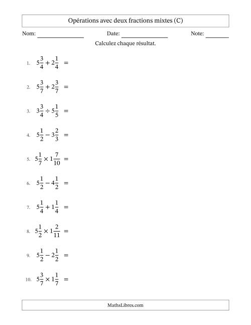 Opérations avec deux fractions mixtes avec dénominateurs égals, résultats sous fractions mixtes et quelque simplification (C)