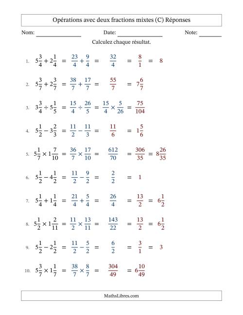 Opérations avec deux fractions mixtes avec dénominateurs égals, résultats sous fractions mixtes et quelque simplification (C) page 2