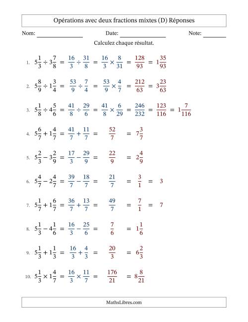 Opérations avec deux fractions mixtes avec dénominateurs égals, résultats sous fractions mixtes et quelque simplification (D) page 2