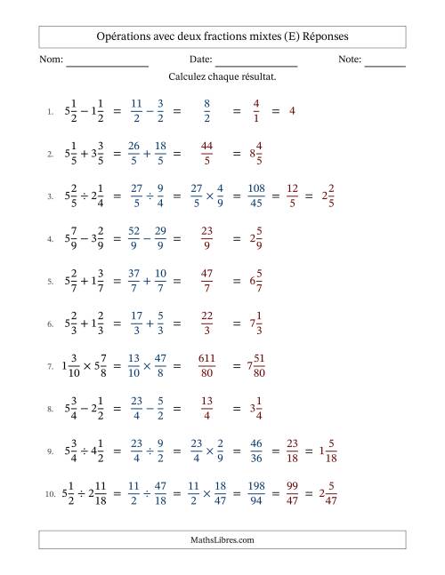 Opérations avec deux fractions mixtes avec dénominateurs égals, résultats sous fractions mixtes et quelque simplification (E) page 2