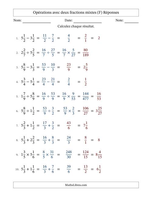Opérations avec deux fractions mixtes avec dénominateurs égals, résultats sous fractions mixtes et quelque simplification (F) page 2