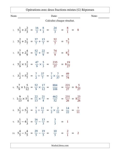 Opérations avec deux fractions mixtes avec dénominateurs égals, résultats sous fractions mixtes et quelque simplification (G) page 2