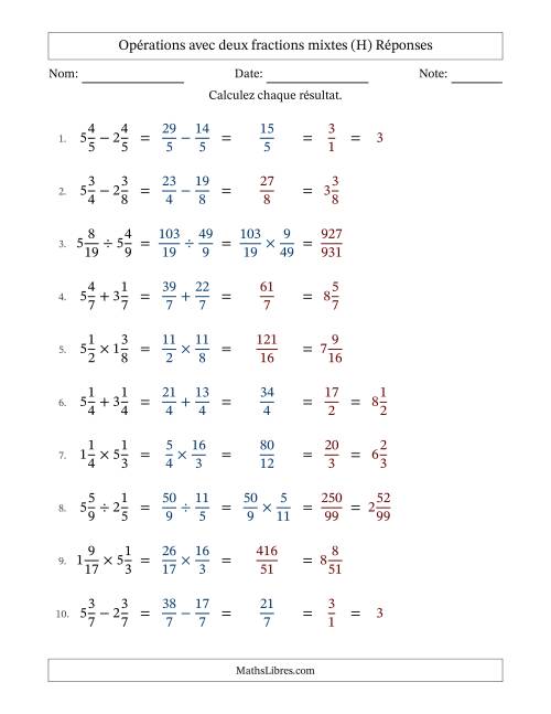 Opérations avec deux fractions mixtes avec dénominateurs égals, résultats sous fractions mixtes et quelque simplification (H) page 2