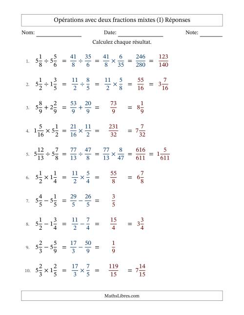 Opérations avec deux fractions mixtes avec dénominateurs égals, résultats sous fractions mixtes et quelque simplification (I) page 2