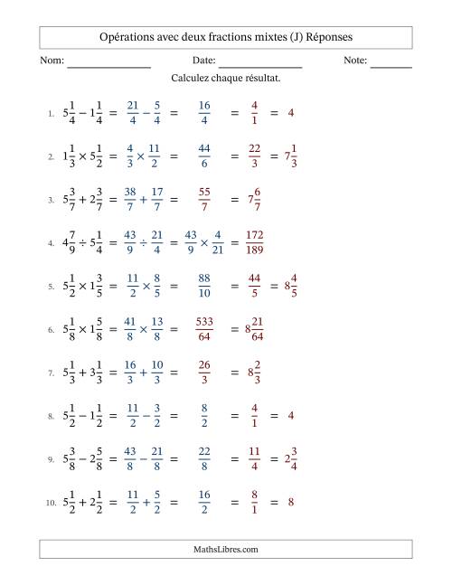 Opérations avec deux fractions mixtes avec dénominateurs égals, résultats sous fractions mixtes et quelque simplification (J) page 2