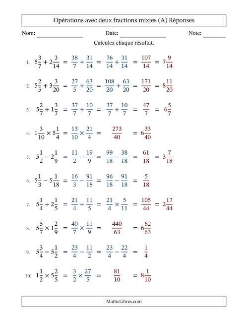 Opérations avec deux fractions mixtes avec dénominateurs similaires, résultats sous fractions mixtes et sans simplification (A) page 2