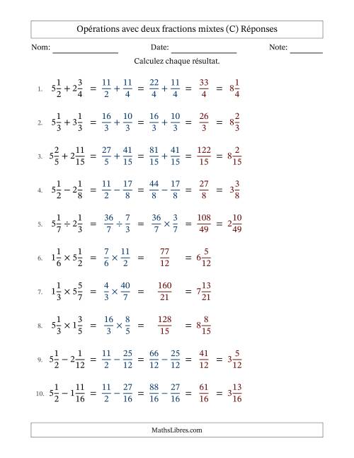 Opérations avec deux fractions mixtes avec dénominateurs similaires, résultats sous fractions mixtes et sans simplification (C) page 2