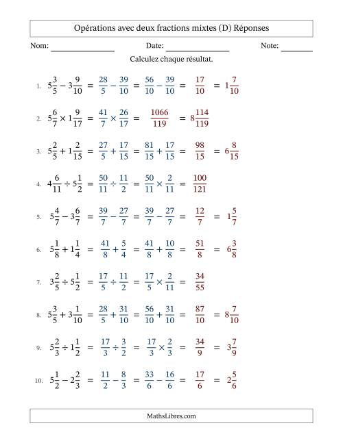 Opérations avec deux fractions mixtes avec dénominateurs similaires, résultats sous fractions mixtes et sans simplification (D) page 2