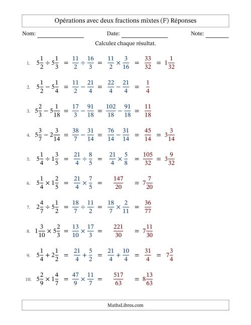 Opérations avec deux fractions mixtes avec dénominateurs similaires, résultats sous fractions mixtes et sans simplification (F) page 2