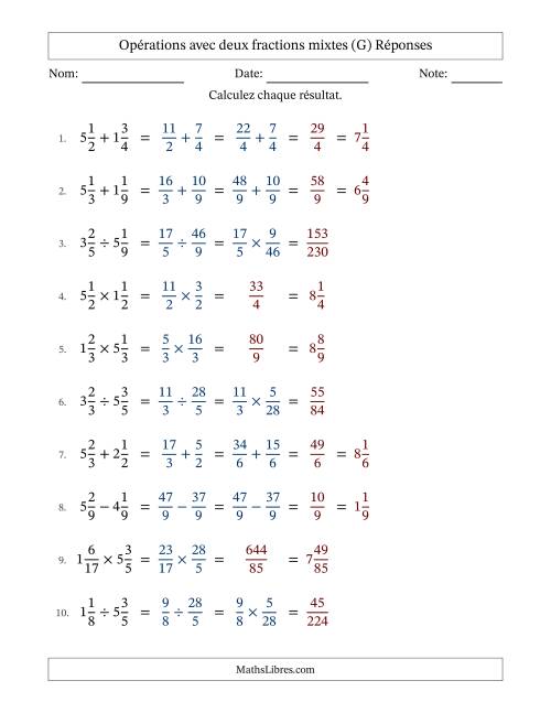 Opérations avec deux fractions mixtes avec dénominateurs similaires, résultats sous fractions mixtes et sans simplification (G) page 2