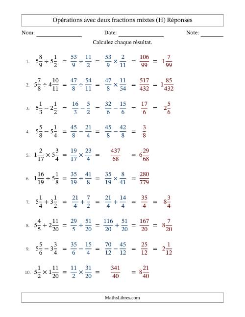 Opérations avec deux fractions mixtes avec dénominateurs similaires, résultats sous fractions mixtes et sans simplification (H) page 2