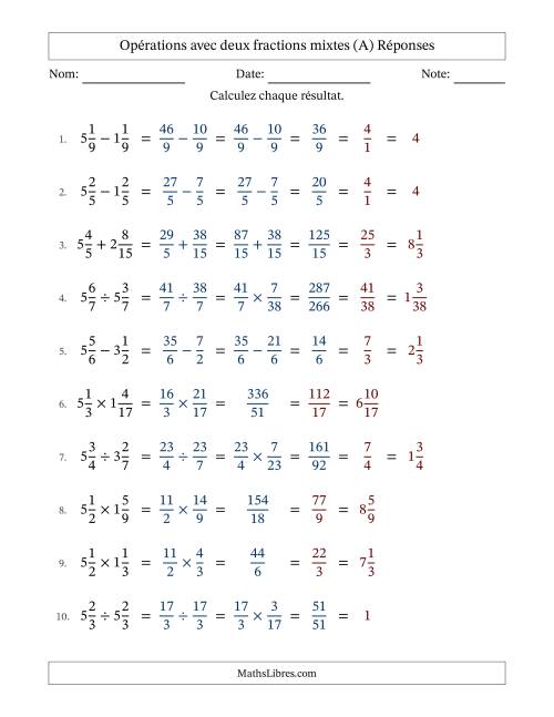Opérations avec deux fractions mixtes avec dénominateurs similaires, résultats sous fractions mixtes et simplification dans tous les problèmes (A) page 2