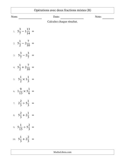 Opérations avec deux fractions mixtes avec dénominateurs similaires, résultats sous fractions mixtes et simplification dans tous les problèmes (B)