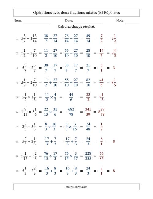 Opérations avec deux fractions mixtes avec dénominateurs similaires, résultats sous fractions mixtes et simplification dans tous les problèmes (B) page 2