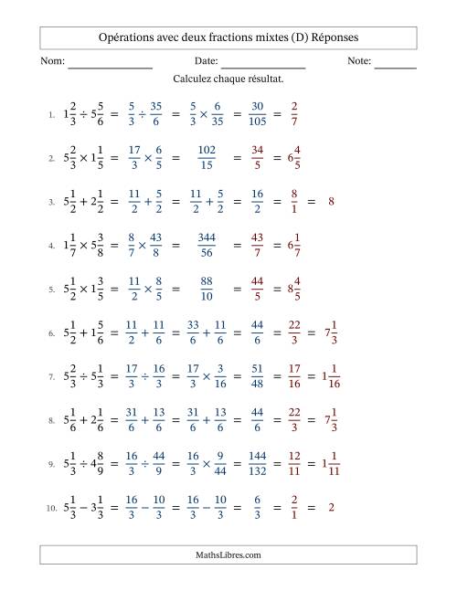 Opérations avec deux fractions mixtes avec dénominateurs similaires, résultats sous fractions mixtes et simplification dans tous les problèmes (D) page 2