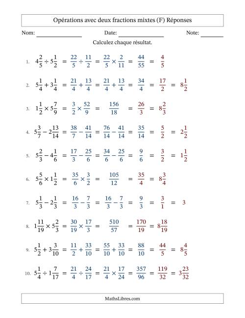Opérations avec deux fractions mixtes avec dénominateurs similaires, résultats sous fractions mixtes et simplification dans tous les problèmes (F) page 2