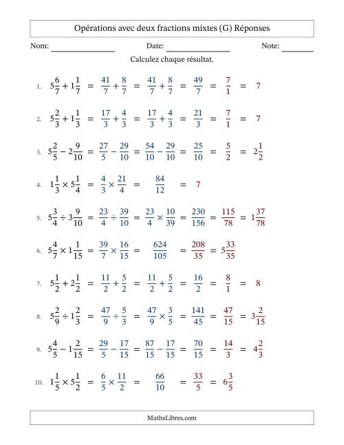 Opérations avec deux fractions mixtes avec dénominateurs similaires, résultats sous fractions mixtes et simplification dans tous les problèmes (G) page 2