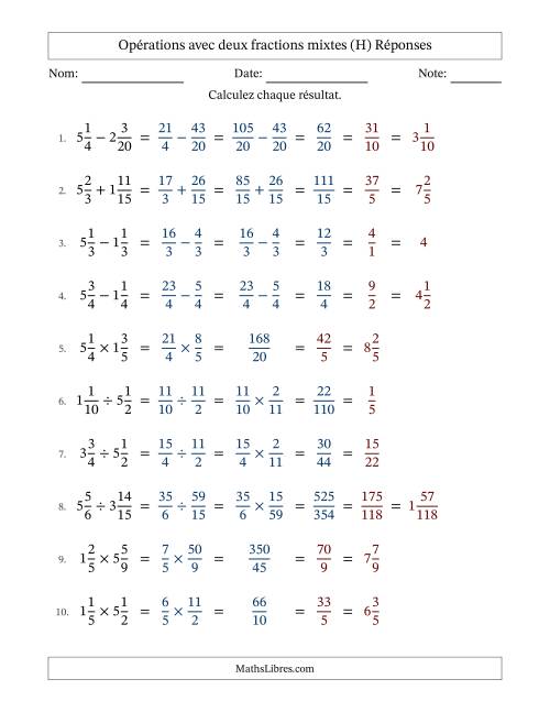 Opérations avec deux fractions mixtes avec dénominateurs similaires, résultats sous fractions mixtes et simplification dans tous les problèmes (H) page 2