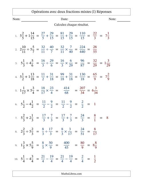 Opérations avec deux fractions mixtes avec dénominateurs similaires, résultats sous fractions mixtes et simplification dans tous les problèmes (I) page 2