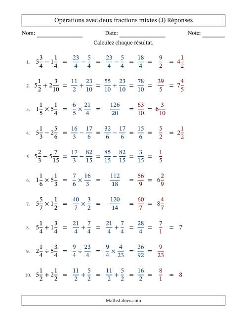 Opérations avec deux fractions mixtes avec dénominateurs similaires, résultats sous fractions mixtes et simplification dans tous les problèmes (J) page 2