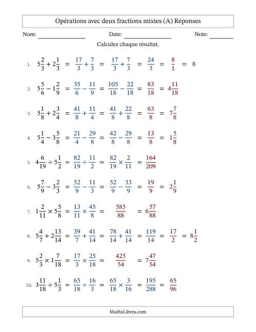 Opérations avec deux fractions mixtes avec dénominateurs similaires, résultats sous fractions mixtes et quelque simplification (A) page 2