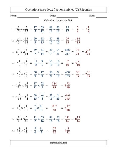 Opérations avec deux fractions mixtes avec dénominateurs similaires, résultats sous fractions mixtes et quelque simplification (C) page 2
