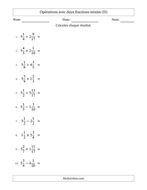 Opérations avec deux fractions mixtes avec dénominateurs similaires, résultats sous fractions mixtes et quelque simplification (D)