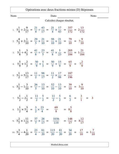 Opérations avec deux fractions mixtes avec dénominateurs similaires, résultats sous fractions mixtes et quelque simplification (D) page 2
