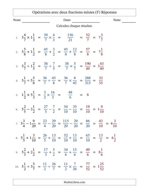 Opérations avec deux fractions mixtes avec dénominateurs similaires, résultats sous fractions mixtes et quelque simplification (F) page 2