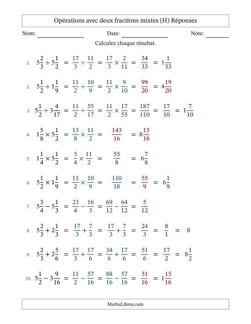 Opérations avec deux fractions mixtes avec dénominateurs similaires, résultats sous fractions mixtes et quelque simplification (H) page 2