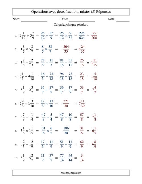 Opérations avec deux fractions mixtes avec dénominateurs similaires, résultats sous fractions mixtes et quelque simplification (J) page 2