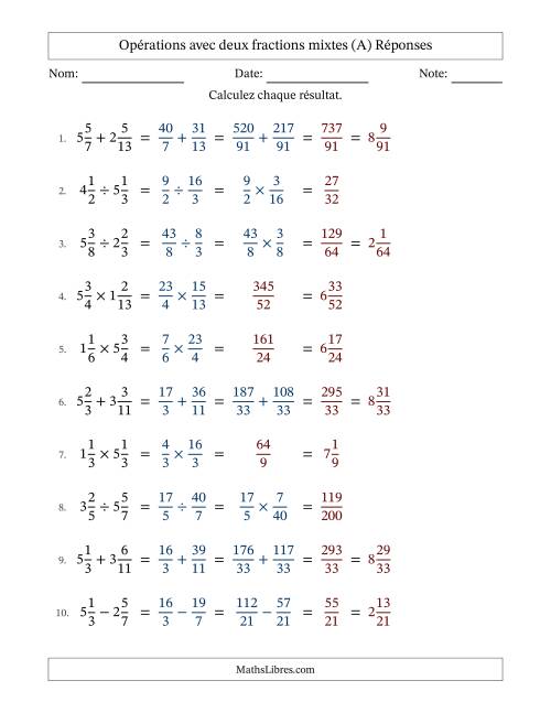 Opérations avec deux fractions mixtes avec dénominateurs différents, résultats sous fractions mixtes et sans simplification (A) page 2