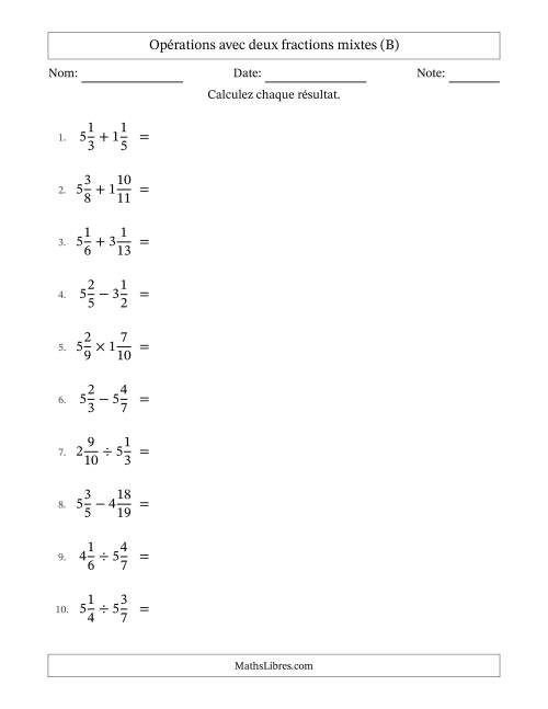 Opérations avec deux fractions mixtes avec dénominateurs différents, résultats sous fractions mixtes et sans simplification (B)