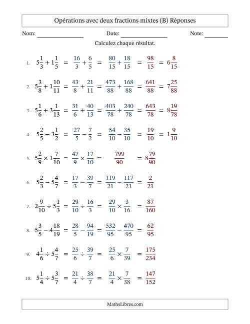 Opérations avec deux fractions mixtes avec dénominateurs différents, résultats sous fractions mixtes et sans simplification (B) page 2