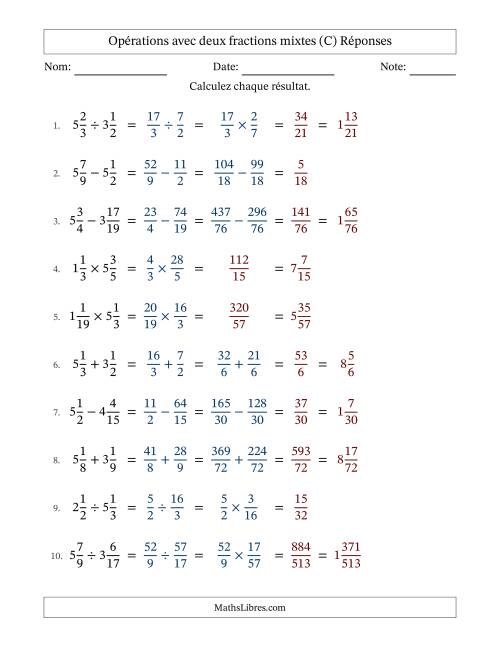 Opérations avec deux fractions mixtes avec dénominateurs différents, résultats sous fractions mixtes et sans simplification (C) page 2