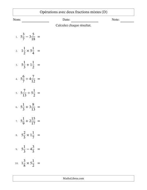 Opérations avec deux fractions mixtes avec dénominateurs différents, résultats sous fractions mixtes et sans simplification (D)
