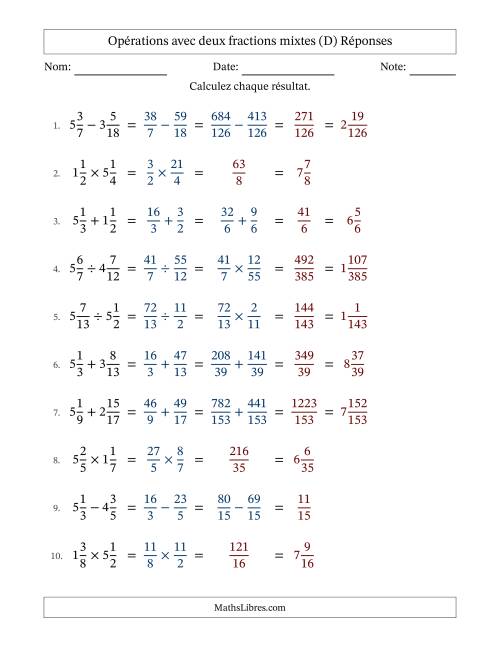 Opérations avec deux fractions mixtes avec dénominateurs différents, résultats sous fractions mixtes et sans simplification (D) page 2