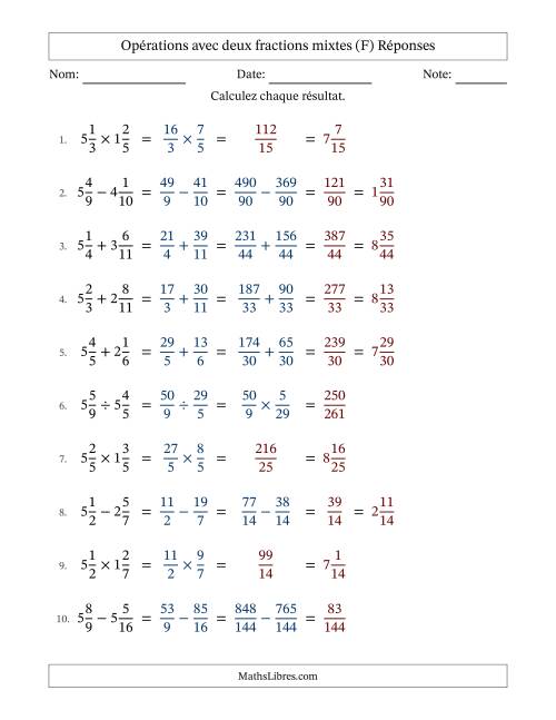 Opérations avec deux fractions mixtes avec dénominateurs différents, résultats sous fractions mixtes et sans simplification (F) page 2