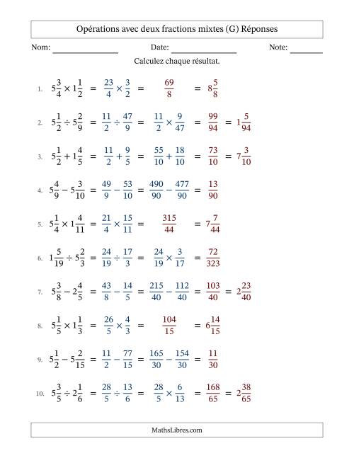 Opérations avec deux fractions mixtes avec dénominateurs différents, résultats sous fractions mixtes et sans simplification (G) page 2