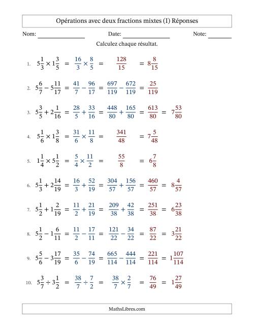 Opérations avec deux fractions mixtes avec dénominateurs différents, résultats sous fractions mixtes et sans simplification (I) page 2