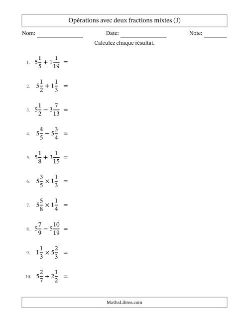 Opérations avec deux fractions mixtes avec dénominateurs différents, résultats sous fractions mixtes et sans simplification (J)