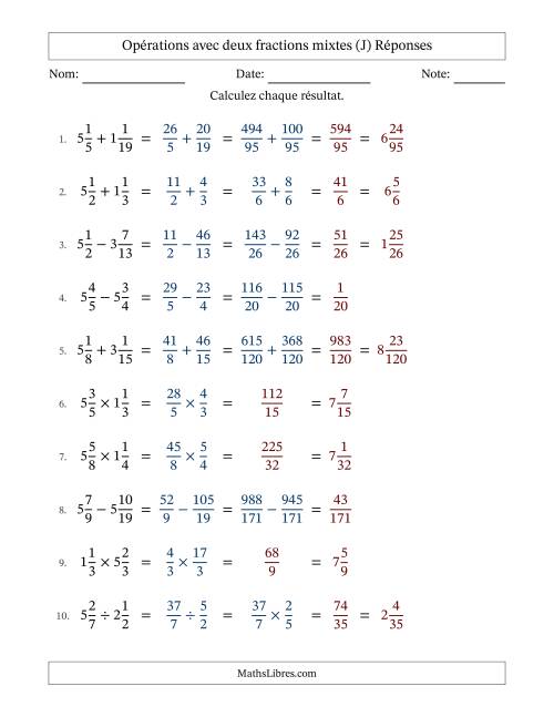 Opérations avec deux fractions mixtes avec dénominateurs différents, résultats sous fractions mixtes et sans simplification (J) page 2