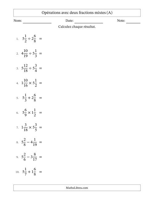 Opérations avec deux fractions mixtes avec dénominateurs différents, résultats sous fractions mixtes et simplification dans tous les problèmes (A)