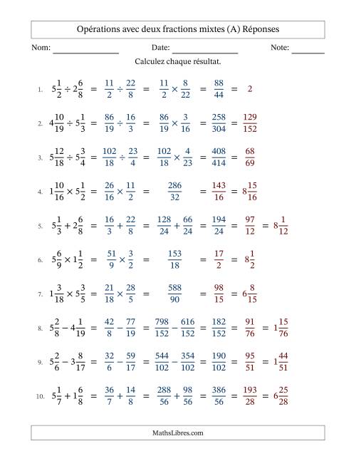 Opérations avec deux fractions mixtes avec dénominateurs différents, résultats sous fractions mixtes et simplification dans tous les problèmes (A) page 2