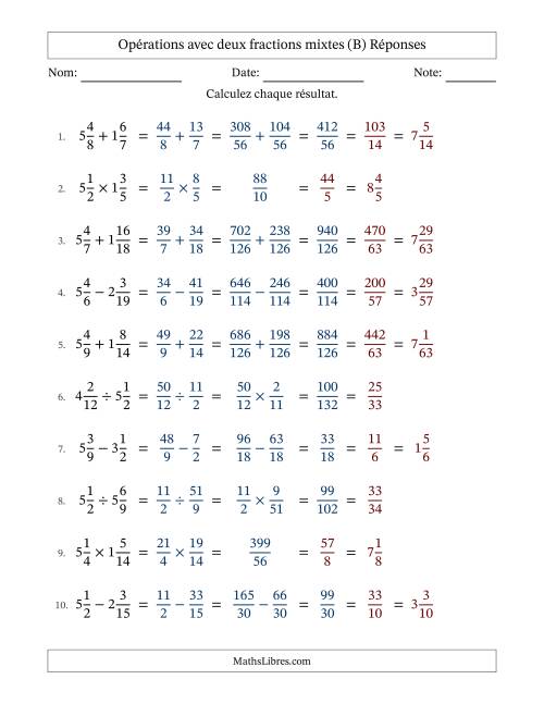 Opérations avec deux fractions mixtes avec dénominateurs différents, résultats sous fractions mixtes et simplification dans tous les problèmes (B) page 2