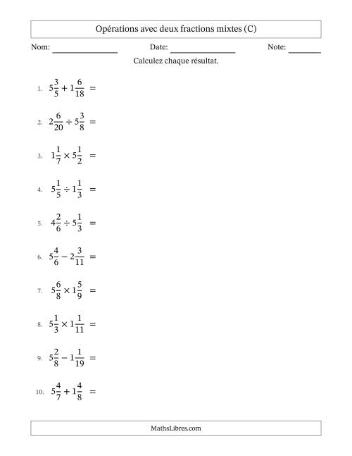 Opérations avec deux fractions mixtes avec dénominateurs différents, résultats sous fractions mixtes et simplification dans tous les problèmes (C)