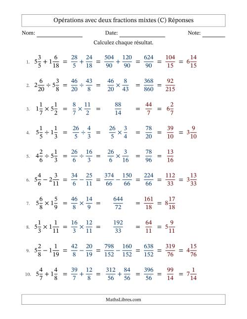 Opérations avec deux fractions mixtes avec dénominateurs différents, résultats sous fractions mixtes et simplification dans tous les problèmes (C) page 2